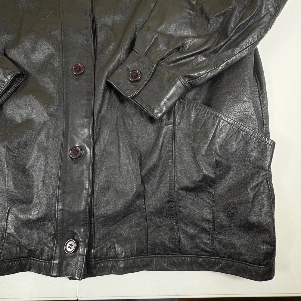 Vintage Black Leather Jacket Mens Small Minimalist‎ Button Front